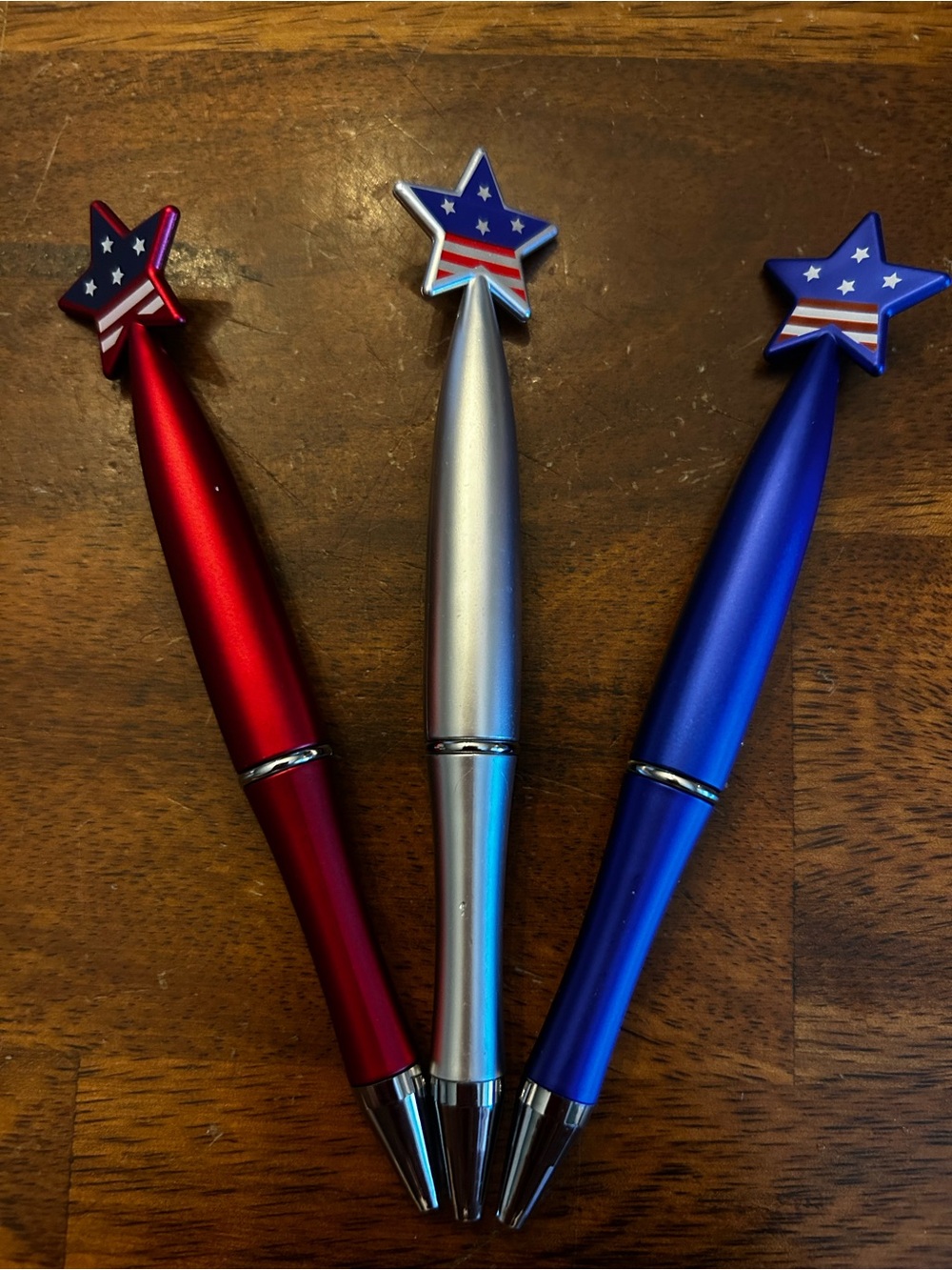 Patriotic Star Top Medium Black Ballpoint Pen Set of Three - Red, Silver & Blue